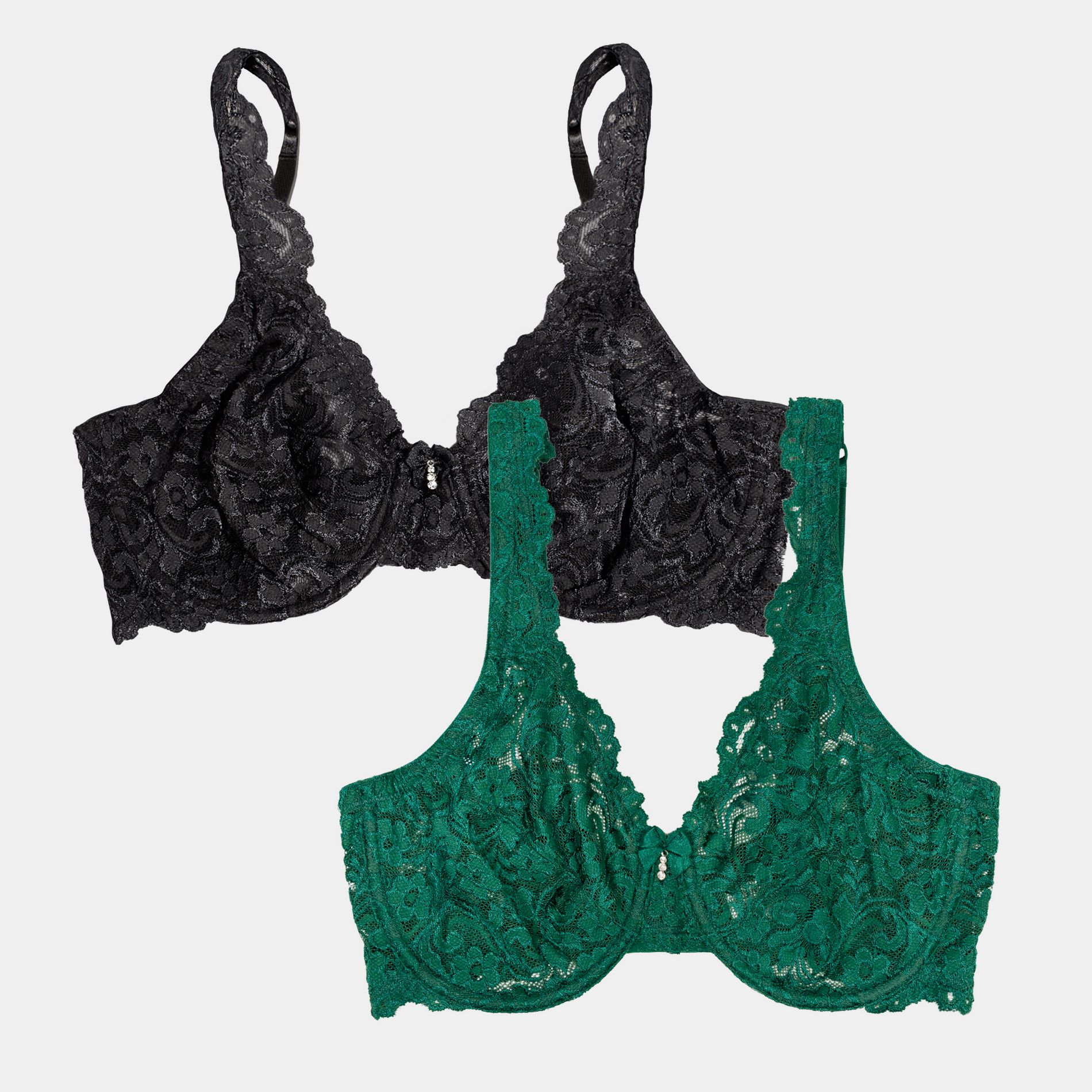 Smart & Sexy Women's Lace Unlined Underwire Bra 2-Pack Emerald/Black 40D