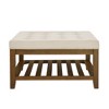 Zeus & Ruta Tufted Linen Large Square Ottoman with Beech Wood Shelf and Frame, Ivory - 3 of 4