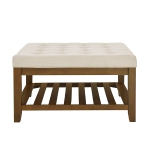 Gulches Ivory Square Linen Upholstered Coffee Table Ottoman with Beech Wood Shelf 33x33x18 Inch Tufted Footrest - 1 of 4