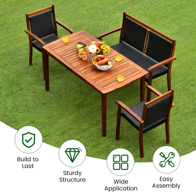 Costway 4PCS Patio Rattan Dining Furniture Set Acacia Wood Frame Stackable Chair Loveseat, 4 of 9