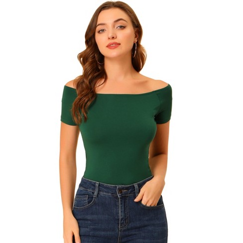 Allegra K Women's Short Sleeves Off The Shoulder Solid Crop Top