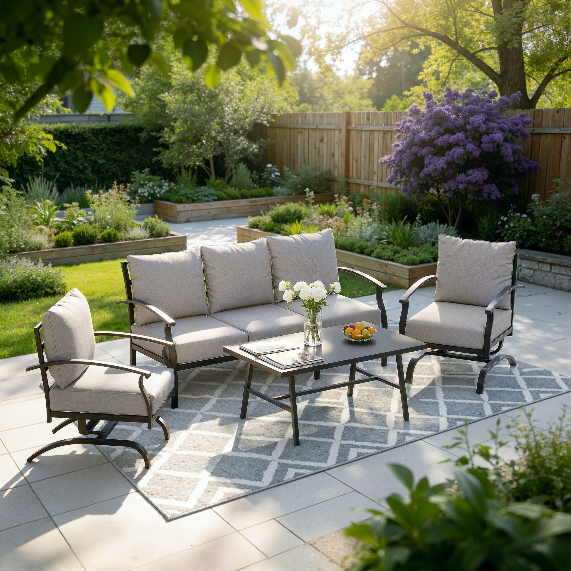 ALAULM 5-Seat Patio Conversation Set, Outdoor Rocking Sofa Set w/Thick Cusion&Coffee Table, Bistro Furniture Set, Sand