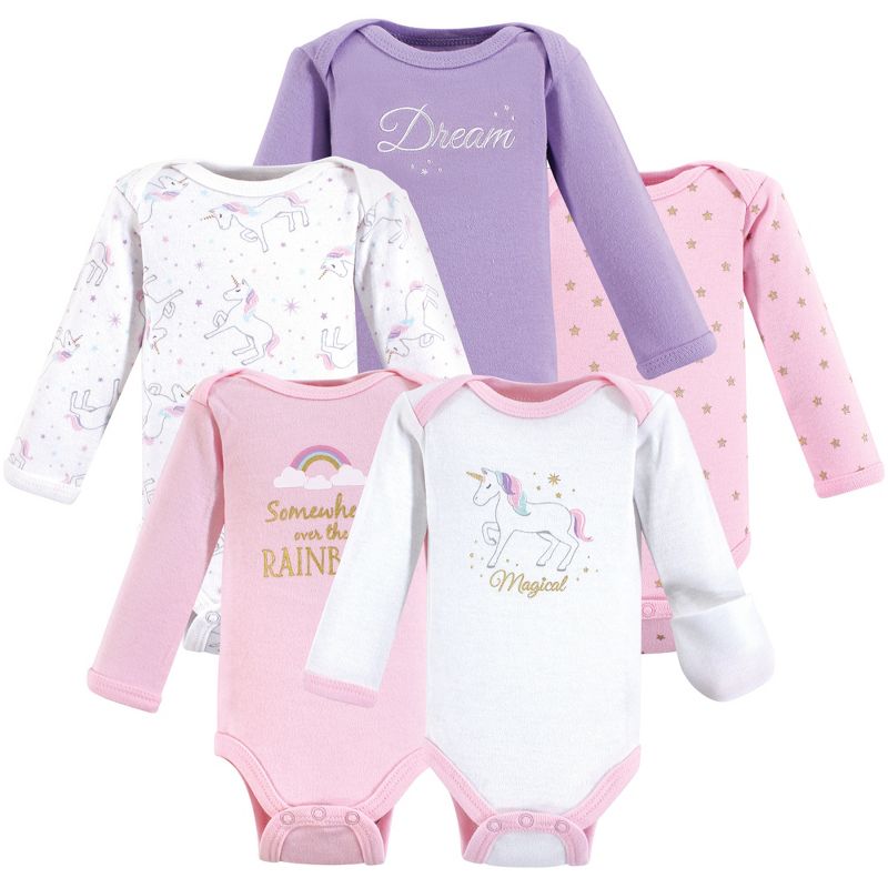 Hudson Baby Infant Girl Cotton Preemie Long-Sleeve Bodysuits 5pk, Magical Unicorn, Preemie, 1 of 3