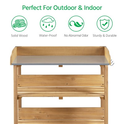 Natural Wood Outdoor Potting Bench with Storage Shelves