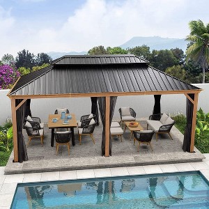 PURPLE LEAF Outdoor Hardtop Gazebo for Patio Galvanized Steel Double Roof Permanent Canopy Teak Finish Aluminum Frame Pavilion Gazebo with Netting - 1 of 4