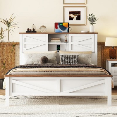Full Size Farmhouse Platform Bed with Headboard Storage, Rustic Frame with Sliding Barn Doors and USB Charging Station