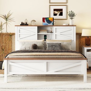 Full Size Farmhouse Platform Bed with Headboard Storage, Rustic Frame with Sliding Barn Doors and USB Charging Station - 1 of 4