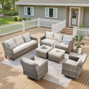 Buenhomino 6 Pieces Patio Furniture Set with Swivel Chairs, High Back Wicker Rattan Sofa with Thick Cushion and Ottoman, Outdoor Conversation Set - 1 of 4