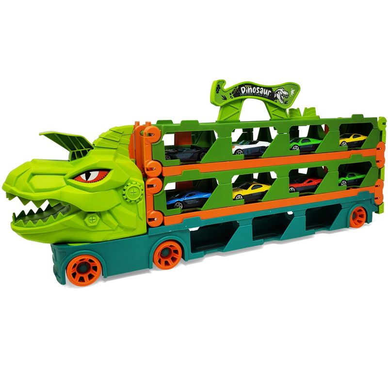 KOVOT Dinosaur Truck Racing Playset - 20" Storage Truck with 6.5-Foot Foldable Racetrack & 8 Alloy Raceing Cars, 3 of 7