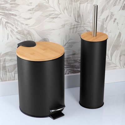Evideco French Home Goods Bathroom Set with Bamboo Lid - Matte Metal Trash Can and Toilet Brush