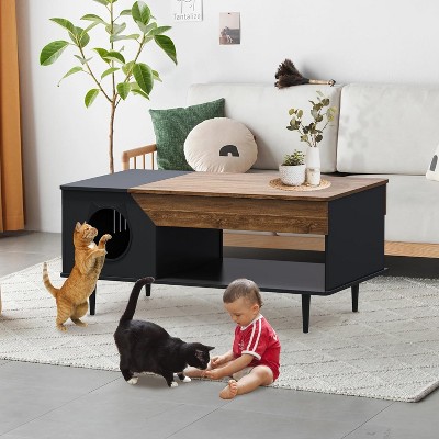 White Wooden Coffee Table 45'', Rustic Living Room Table with Storage Drawer, Hidden Cat House, Multifunctional Pet Litter Box Furniture