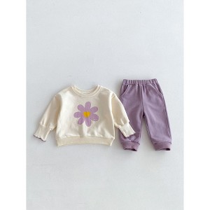 MyKids-USA Cute and Versatile Two-Piece Set: Flowers Printed Top and Solid Color Pants for Baby Girls and Toddlers - 1 of 4