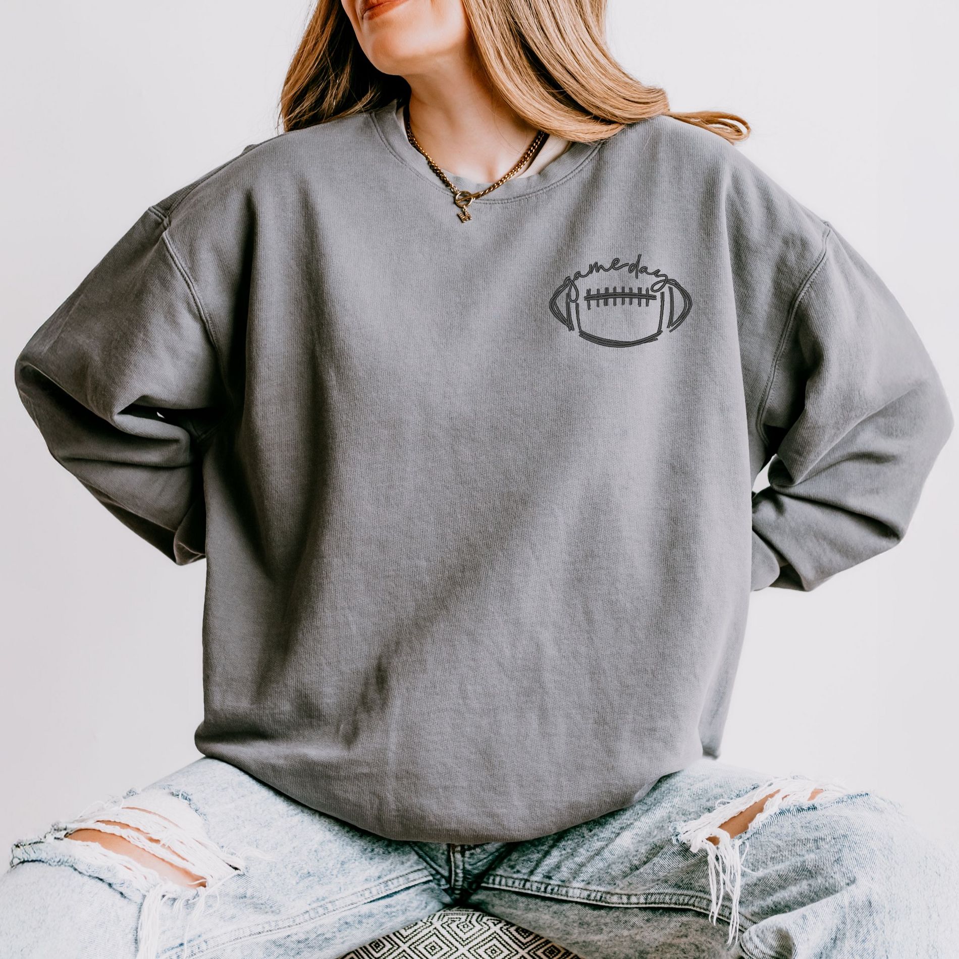 Embroidered Football Gameday - Womens Lightweight Garment Dyed Sweatshirt