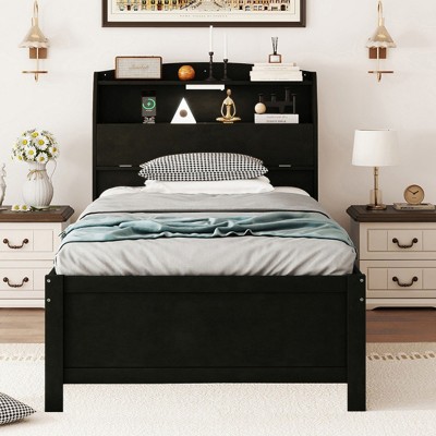 1pc Wood Platform Bed with LED Storage Headboard and Trundle with Drawers - Baofuwish