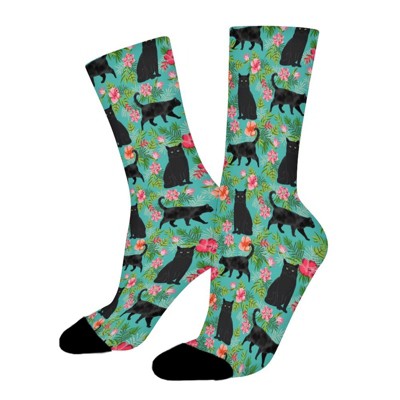 Black Cat Hawaiian Women Printed Crew Socks Funny Funky Socks Soft Polyester Novelty Gifts for Artists Men