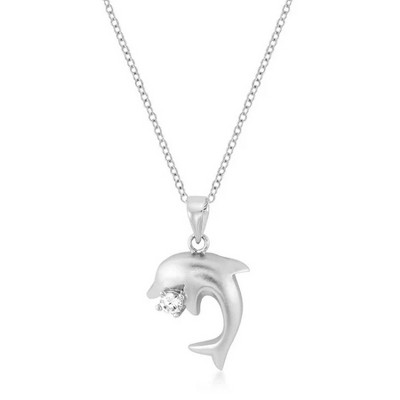 ShineHigh Matte Rhodium Dolphin Pendant Necklace with Clear Cubic Zirconia – Playful Sea-Inspired Animal Jewelry