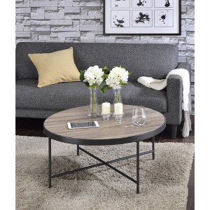 32" Wood & Metal Round Coffee Table with Sturdy Crossbar Support and Industrial Style for Living Room - 1 of 4