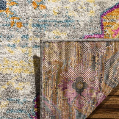 Light Grey and Fuchsia Synthetic Bohemian Area Rug