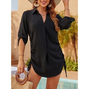 Coolmee Women Lapel V Neck Tie Drawstring Three-Quarter Sleeves Pullover Cover Ups Beach Bikini Swimsuit Tops - 1 of 4
