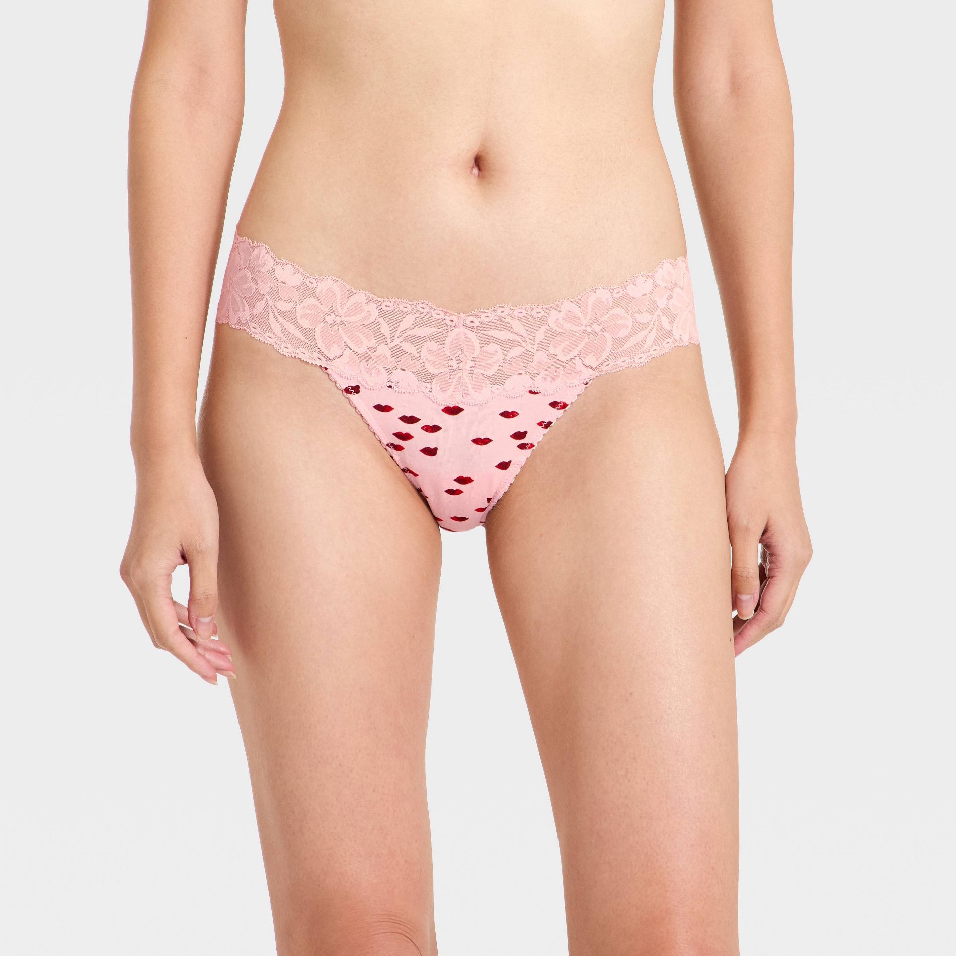 Women's Cotton Thong Underwear with Lace - Auden™ Light Pink Lip Print L