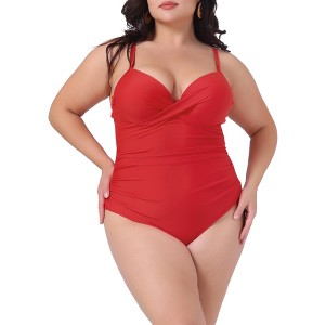 Agnes Orinda Women's Plus Size Ruched Padded Slimming V Neck High Waist One Piece Swimsuit - 1 of 4