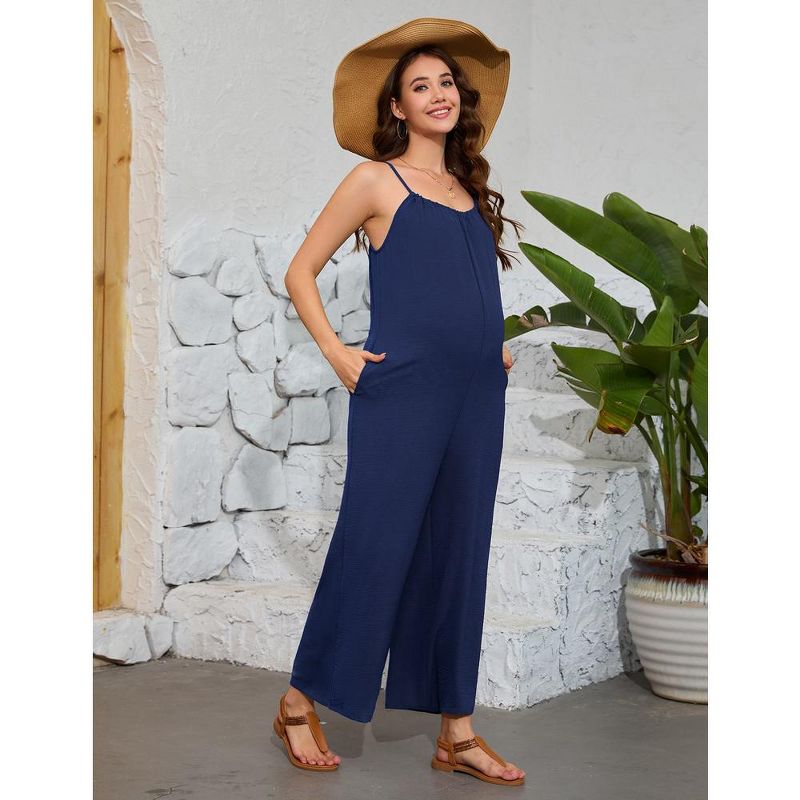 Maternity Jumpsuit Summer Sleeveless Spaghetti Strap Long Pants Wide Leg Overalls Romper with Pockets, 2 of 8