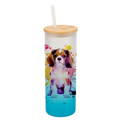 100 North 25 Ounce Frosted Glass Gradient Travel Tumbler With Straw & Wooden Lid, King Charles Spaniel Paint Splatter Sky Blue