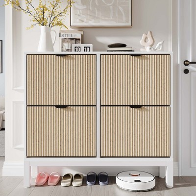 Shoe Storage Cabinet with 4 Flip Drawers, Farmhouse Fluted Shoe Organizer with Metal Legs, Freestanding Hidden Slim Narrow Shoe Rack