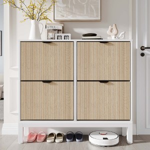 Shoe Storage Cabinet with 4 Flip Drawers, Farmhouse Fluted Shoe Organizer with Metal Legs, Freestanding Hidden Slim Narrow Shoe Rack - 1 of 4