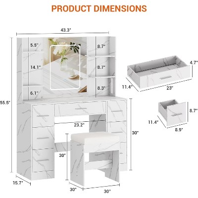 Large Makeup Vanity Set w/Lights, Mirror & Chair, 7 Drawers, Power Outlet, 3 Lighting Modes - for Bedroom