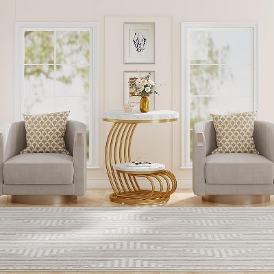Gold and White Faux Marble Round End Table with Storage Shelf