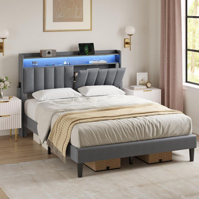 Hausource Bed Frame with Storage Headboard & Footboard Platform Bed LED Lights & Outlets No Box Spring Needed, 1 of 8