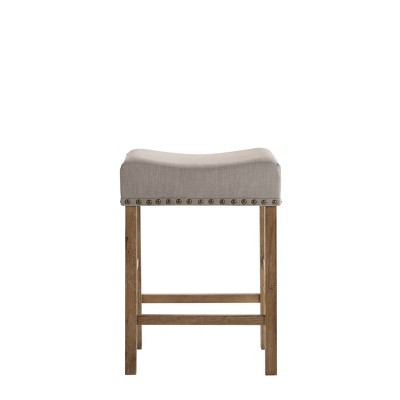 Tan Linen and Weathered Oak Backless Saddle Counter Stool