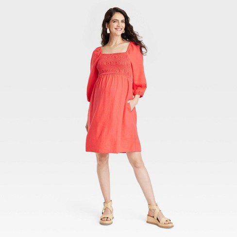 Puff Elbow Sleeve Smocked Linen Mini Maternity Dress - Isabel Maternity by  Ingrid & Isabel™ Coral Red M