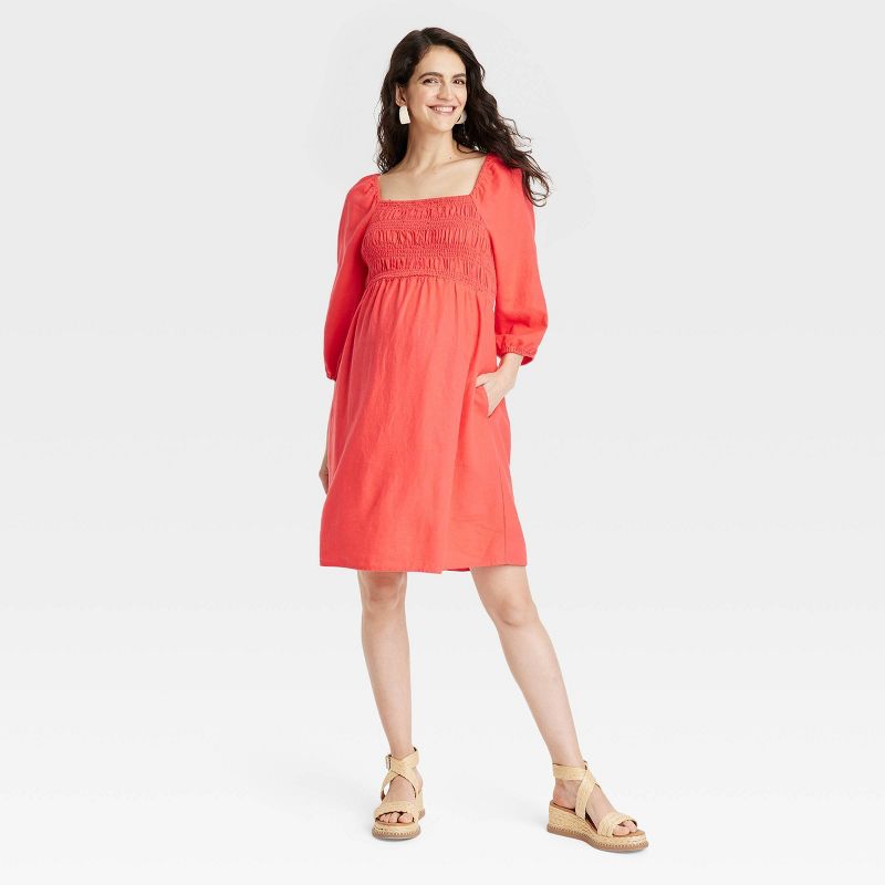 Puff Elbow Sleeve Smocked Linen Mini Maternity Dress - Isabel Maternity by Ingrid & Isabel™ Coral Red, 1 of 4