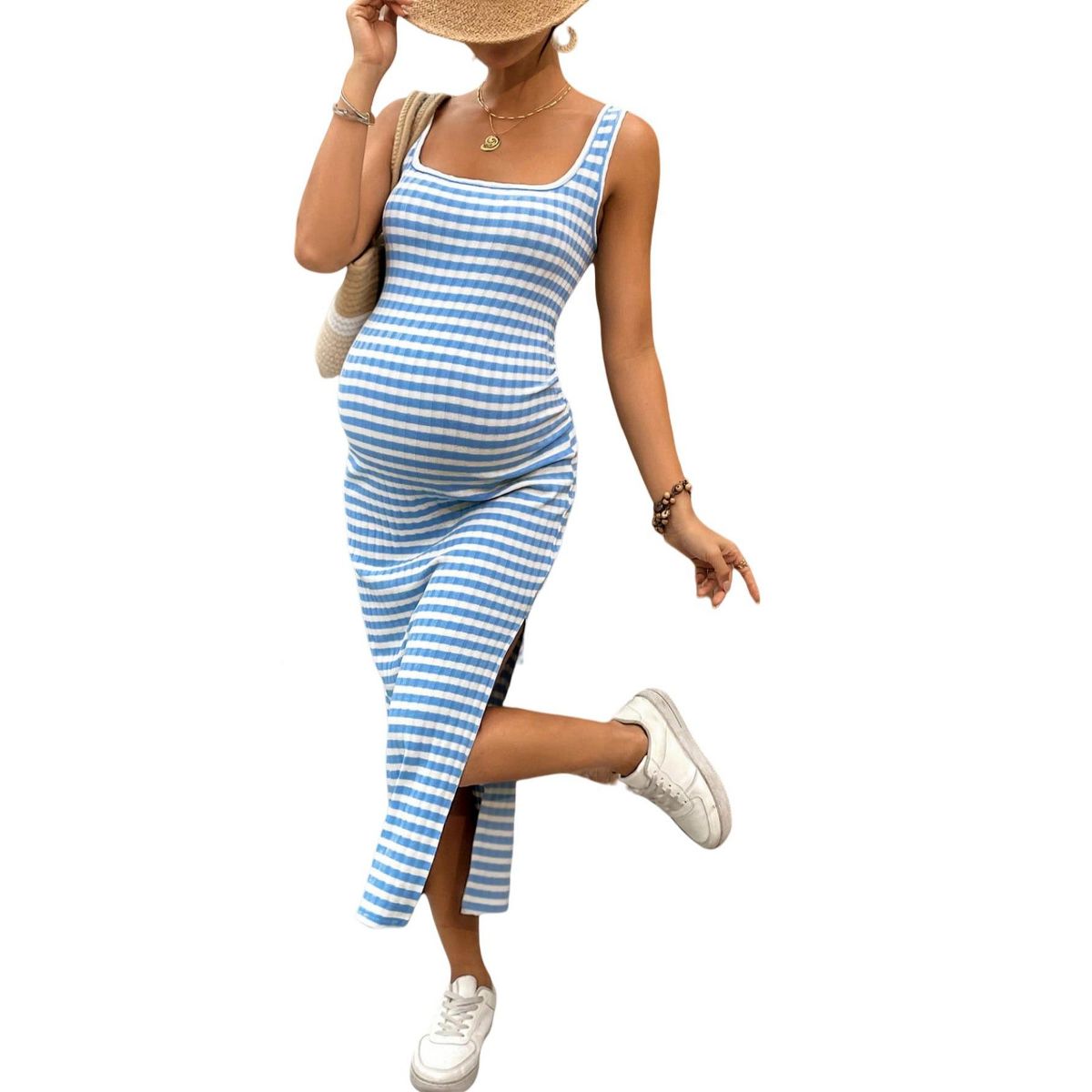 Garvee Maternity Dress Striped Ribbed Knit Tank Midi Sun Dress Side Slit Bodycon Pregnancy Clothes Comfortable Summer Outfits Stretchy - thumbnail 4