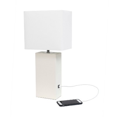 21" White Leather Base Modern Nightstand Lamp with USB Port