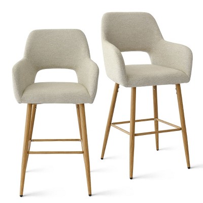 Beige Upholstered Counter Stools with Oak Legs, Set of 2