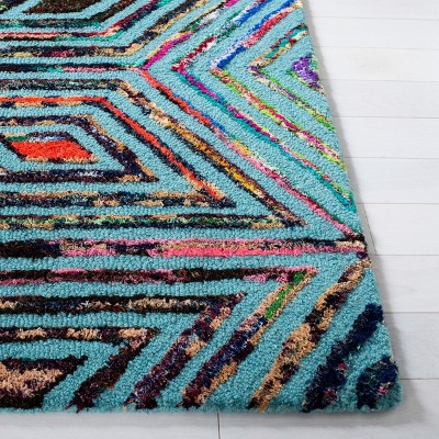 Handmade Blue Square Tufted Wool Rug 4'x4'