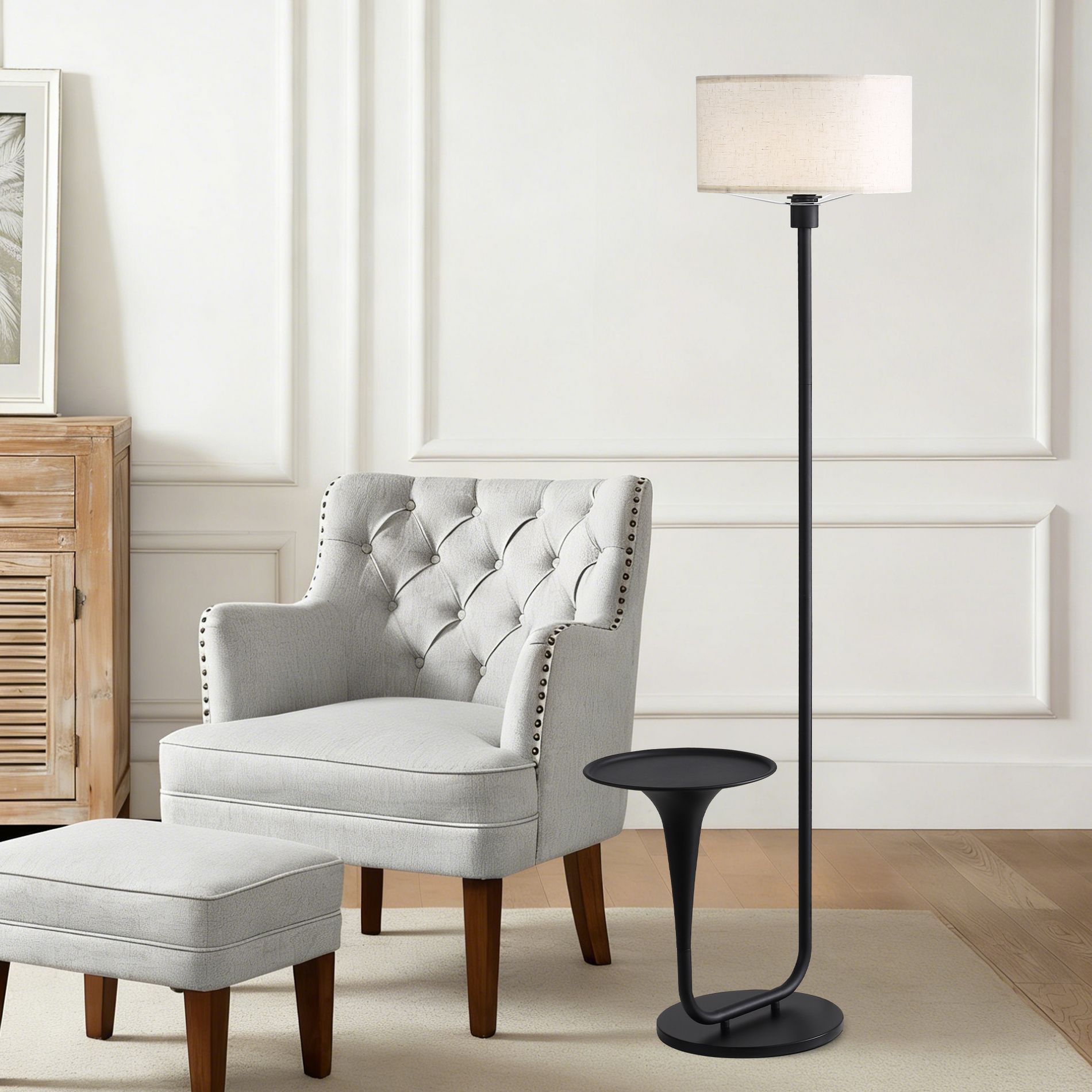 GDFStudio Dutt Floor Lamp with Built-In Side Table and Foot Pedal Switch, Black/White