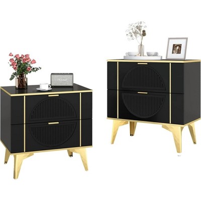 TIRAMISUBEST Black Nightstands Set of 2,Table with 2 Drawers, Night Stand with Metal Legs, Farmhouse Bed Side Table for Living Room, Bedroom
