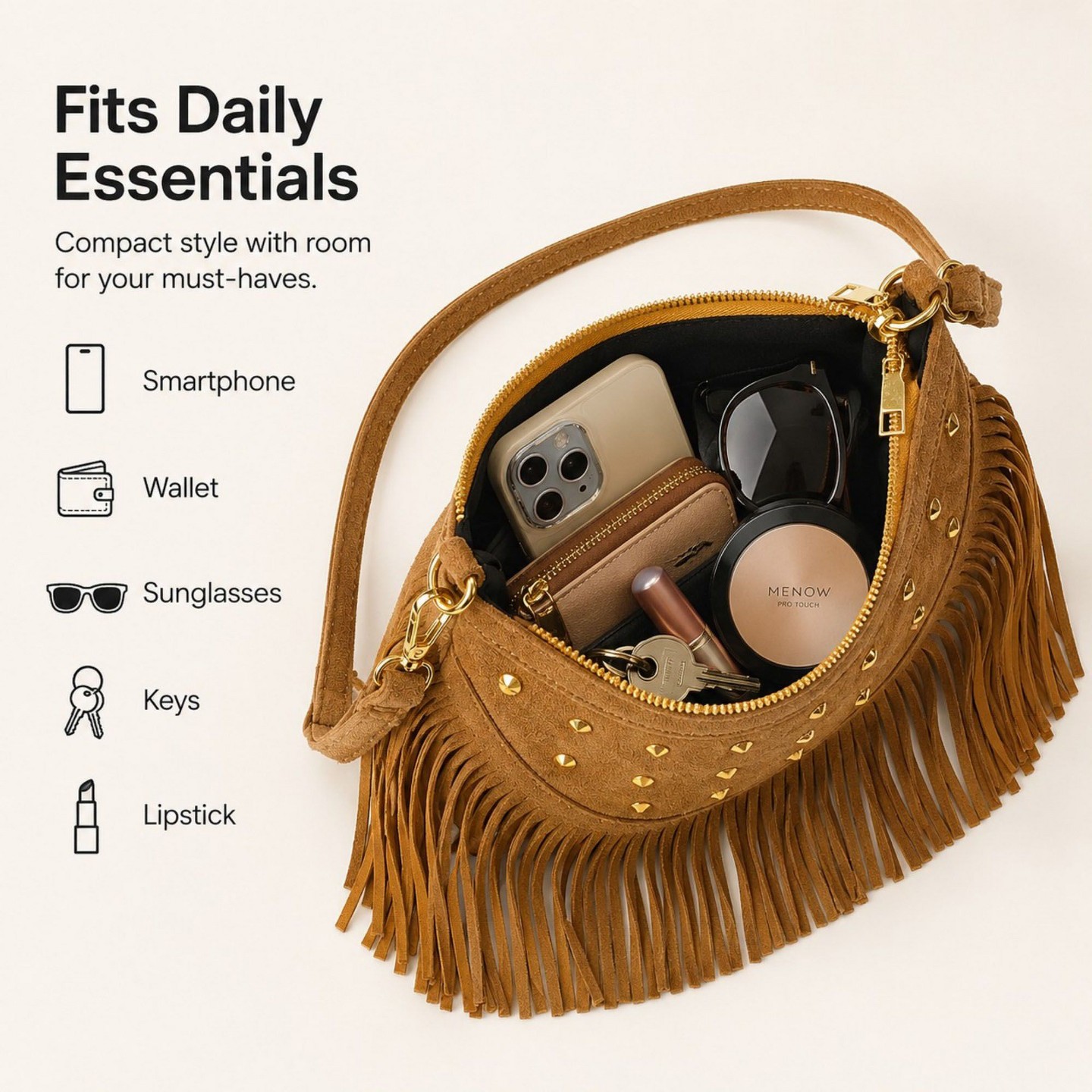 Женская сумка Alilang Studded Fringe Crossbody Bag Suede Look Crescent Shoulder Purse with Adjustable Strap - Brown, цвет: Коричневый — фото 4
