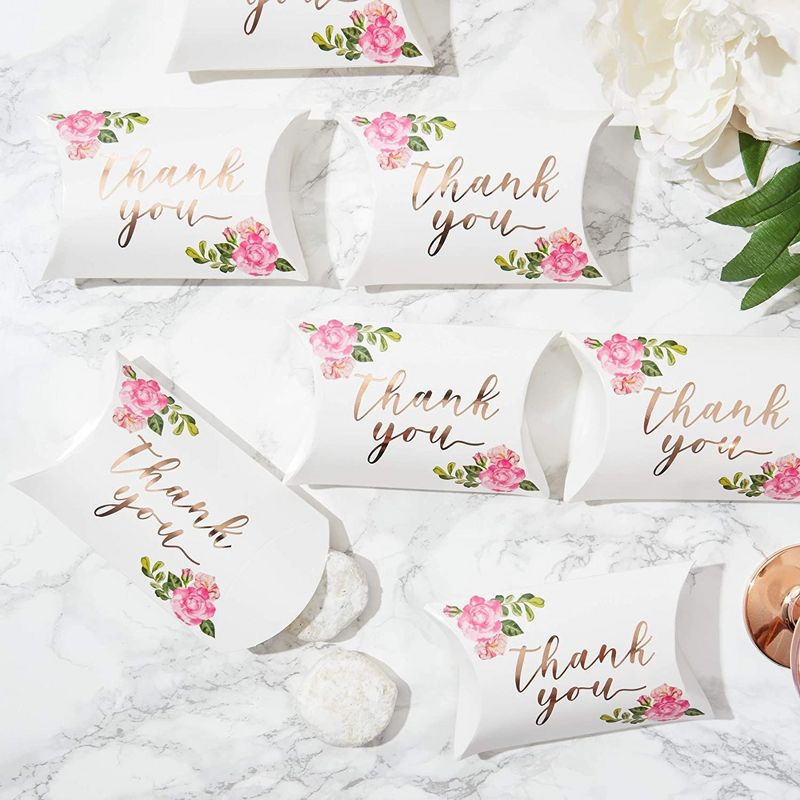 Sparkle and Bash 100pcs Floral Pillow Boxes, 5" x 3.5" Rose Gold Thank You Treat Box for Wedding Party Favors, Candy, Small Gifts, 2 of 7