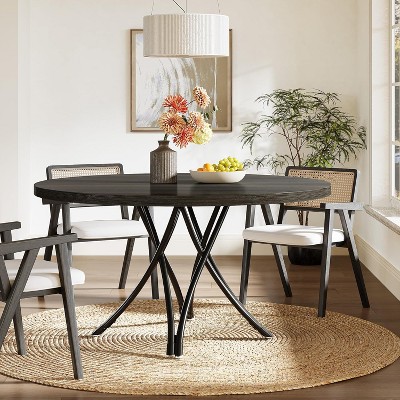 Modern Black Round Wood Dining Table with Metal Legs, 47-Inch