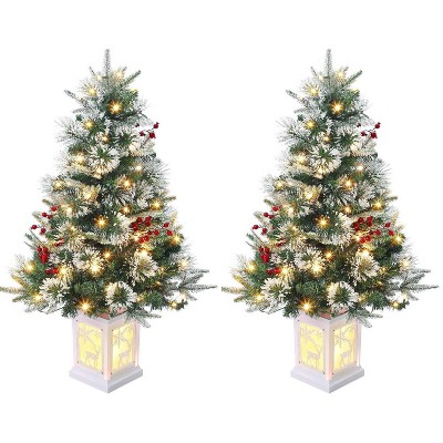 Clearance! Artificial Pre-Lit Christmas Tree with Deer Lightbox, Vintage Potted Base, Snow Flocked, Easy Setup