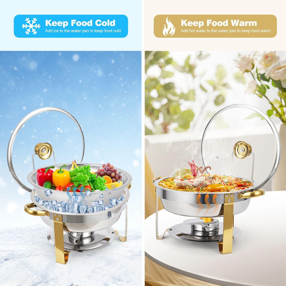 Chafing Dishes, 5QT Buffet Servers, Round Catering Food Warmers Stainless Steel Chafing Dish Buffet Set with Glass Lid & Lid Holder, 4 Packs - thumbnail 5
