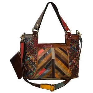AmeriLeather Hazelle Leather Shoulder Bag – Lambskin, Multicolor Weave Panels, Dual Handles, 16" Everyday Handbag with Bonus Coin Purse - 1 of 3