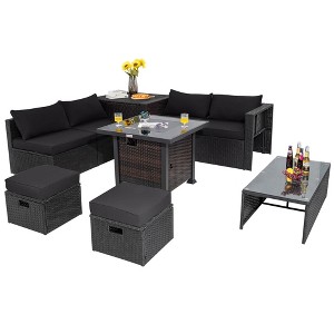 Tangkula 9PCS Furniture Set w/ 32" Fire Pit Table 50,000 BTU Square Propane Fire Pit Patio Black - 1 of 4