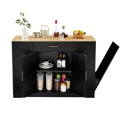 Vynxaria 53" Kitchen Storage Island - Tilt-Out Trash Cabinet (Fits 13-Gallon Can), Drawers, Barn Door Spice Rack,Black