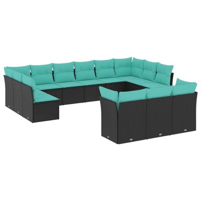 vidaXL 13 Piece Garden Sofa Set with Cushions Black and Blue Poly Rattan - Without Table
